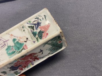A hexagonal Chinese famille rose brush pot with figurative panels, Yongzheng